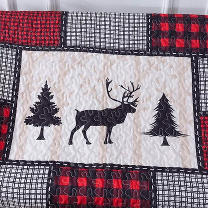 Soul & Lane Deer in The Pines 50" x 60" Lightweight Buffalo Plaid Blanket: Christmas Rustic Bedding Quilted Throw, Check Black and Red Quilt, Holiday Outdoor Coverlet, Lodge Winter Lap Comforter