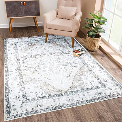 Bloom Rugs Washable Non-Slip 5' x 7' Rug - Brown/Beige/Charcoal Traditional Area Rug for Living Room, Bedroom, Dining Room, and Kitchen - Exact Size: 5' x 7'