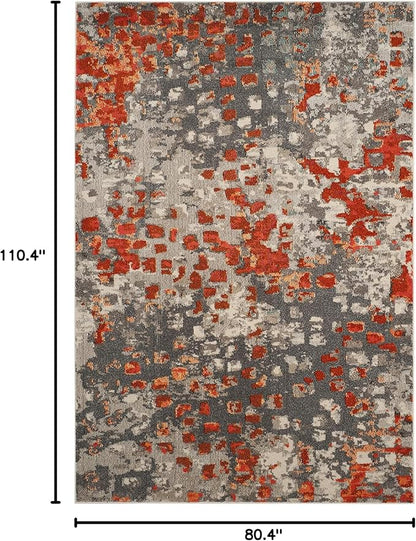 SAFAVIEH Monaco Collection Area Rug - 6'7" x 9'2", Grey & Orange, Boho Chic Abstract Watercolor Design, Non-Shedding & Easy Care, Ideal for High Traffic Areas in Living Room, Bedroom (MNC225H)