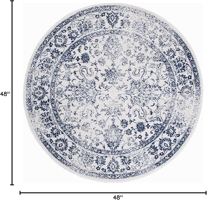 SAFAVIEH Adirondack Collection Area Rug - 4' Round, Ivory & Navy, Distressed Vintage Floral Design, Non-Shedding & Easy to Clean, Ideal for Living Room, Bedroom, Dining (ADR109M)