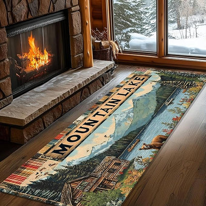 Colorful Oil Painting Bear Rug 2x6ft with Mountain Cabin - Bohemian Non-Slip Rug for Living Room, Washable Foldable Carpet, Forest River Landscape Decor