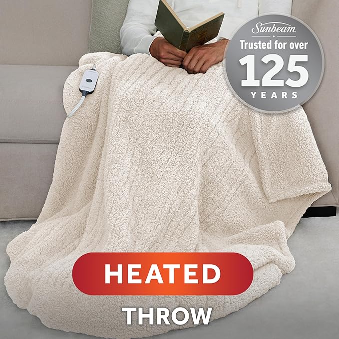 Sunbeam Royal Sherpa Foot Pocket Heated Throw Electric Blanket, 50" x 60", 4 Heat Settings, 4-Hour Auto Shut-Off, Warming Throw for Couch or Bed, Fast Heating, Machine Washable, Natural