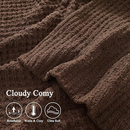 PHF Chenille Waffle Knit Blanket Twin Size- Plush Warm & Cozy 60" x 80" Ultra Soft Blanket- Chunky Fluffy Waffle Bedding for Home Decor - Cocoa Brown