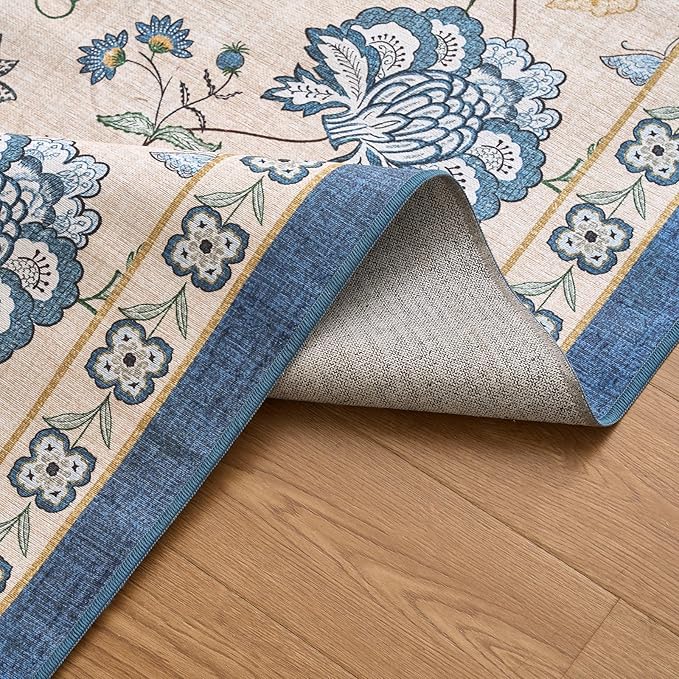 jinchan Elora 3x8 Floral Runner Rug for Hallway Washable Kitchen Runner Vintage Romance Design Non Slip Thin Indoor Floor Cover Low-Profile Throw Carpet for Entryway Bathroom Bedroom Porch, Blue/Beige