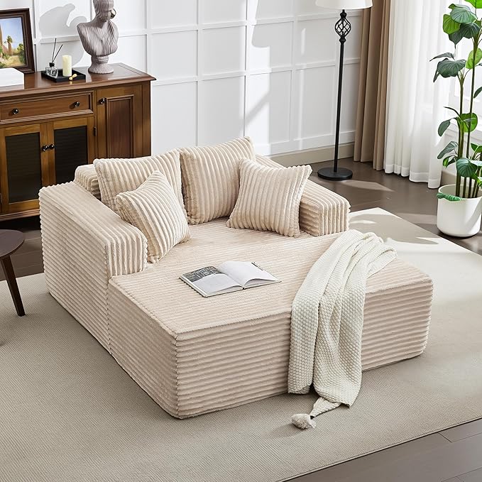 61" Oversized Chaise Lounge Chair Indoor, Boneless Couch Cloud Fluffy Chaise Lounges Corduroy Upholstered Sofa Bed w/Throw Pillows for Living Room Home Camel