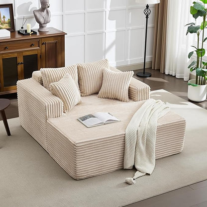 61" Oversized Chaise Lounge Chair Indoor, Boneless Couch Cloud Fluffy Chaise Lounges Corduroy Upholstered Sofa Bed w/Throw Pillows for Living Room Home Camel