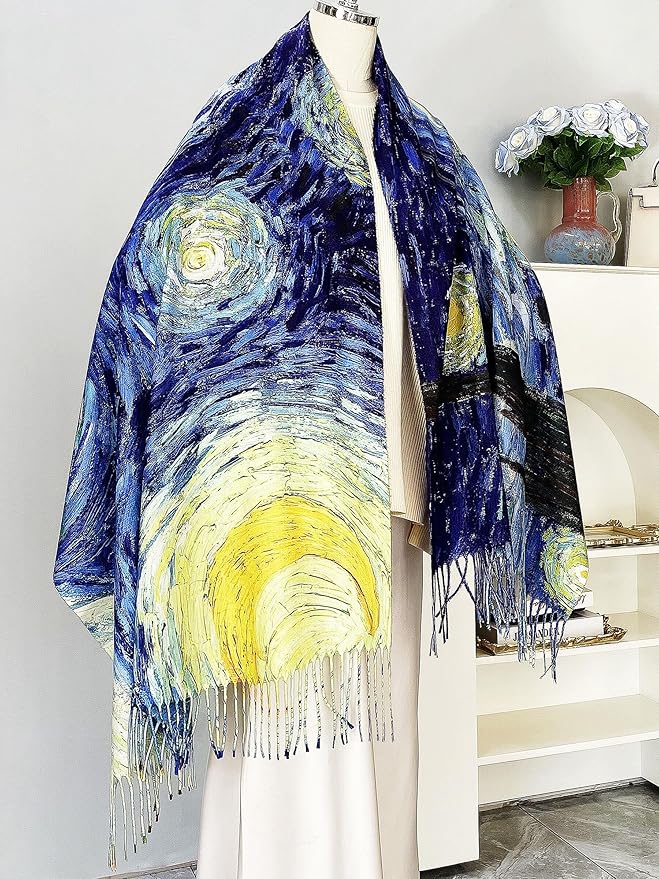 VENVSBEE Reversible Scarf Soft Large Shawl Wrap Blanket Double Sided Art Print Warm Pashmina Stoles Klimt Van Gogh Gifts