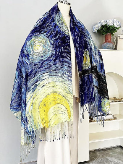 VENVSBEE Reversible Scarf Soft Large Shawl Wrap Blanket Double Sided Art Print Warm Pashmina Stoles Klimt Van Gogh Gifts