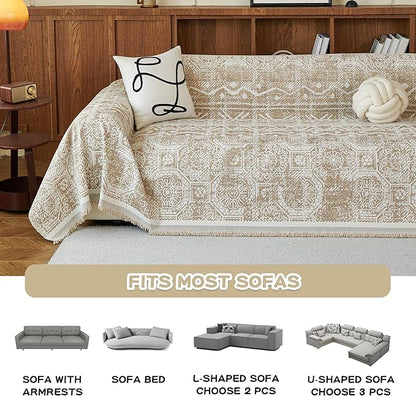 MEETSKY Boho Couch Cover Sofa Slipcover for Sectional Sofa Covers Protector Universal Use Chenille Blend Thick Fabric Washable, Modern Design Sofa Throw Cover for Living Room, 71" x 118", Khaki
