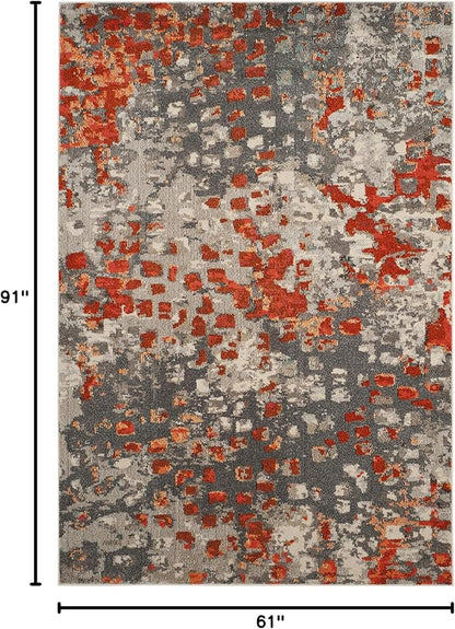 SAFAVIEH Monaco Collection Area Rug - 5'1" x 7'7", Grey & Orange, Boho Chic Abstract Watercolor Design, Non-Shedding & Easy Care, Ideal for High Traffic Areas in Living Room, Bedroom (MNC225H)
