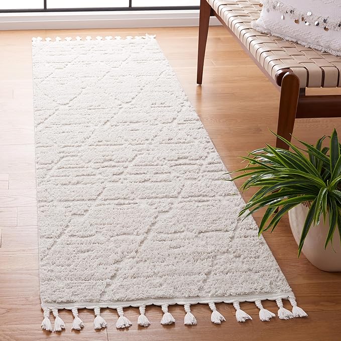 SAFAVIEH Marrakesh Collection Runner Rug - 2'2" x 18', Beige, Moroccan Boho Braided Tassel Design, Ideal for High Traffic Areas in Living Room, Bedroom, Dining Room (MRK517C-218)