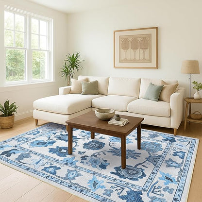 Fame Living Navy Blue Oushak Runner Rug, Modern Runners, Vintage, Turkish, Eclectic, Floral, Pastel, Washable, Runner for Hallway, Kitchen, Bedroom, Bathroom, 2'5"x9'8"