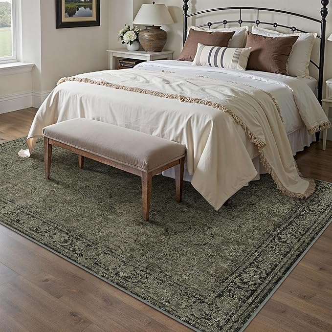 Vintage Area Rug 6x9 Washable Olive Brown Living Room Carpet Large Indoor Non Slip Bedroom Low Pile Kitchen Distressed Retro Accent Throw Rug for Dining Room