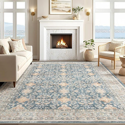 Vintage Living Room Area Rug 10x14 - Large Soft Washable Oriental Traditional Distressed Farmhouse Rugs for Bedroom - Indoor Floor Accent Carpet for Home Office House Decor - Dark Blue