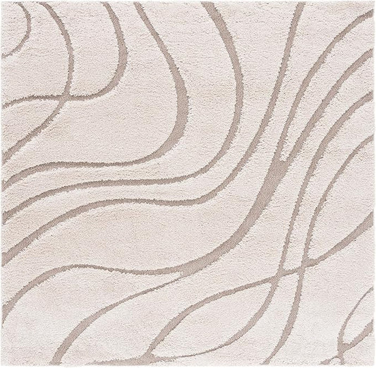 SAFAVIEH Florida Shag Collection Area Rug - 12' Square, Cream & Beige, Striped Design, Plush 1.2-inch Thick, Ideal for High Traffic Areas in Living Room, Bedroom, Dining (SG471-1113-12SQ)