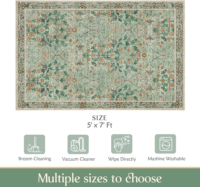 MUJOO Green 5x7 Area Rugs,Floral Washable Rug for Living Room Bedroom Office Dining Room,Large Throw Carpet,Boho Non Slip Indoor Floor Big Soft Botanical Vintage Ultra-Thin