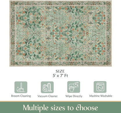 MUJOO Green 5x7 Area Rugs,Floral Washable Rug for Living Room Bedroom Office Dining Room,Large Throw Carpet,Boho Non Slip Indoor Floor Big Soft Botanical Vintage Ultra-Thin