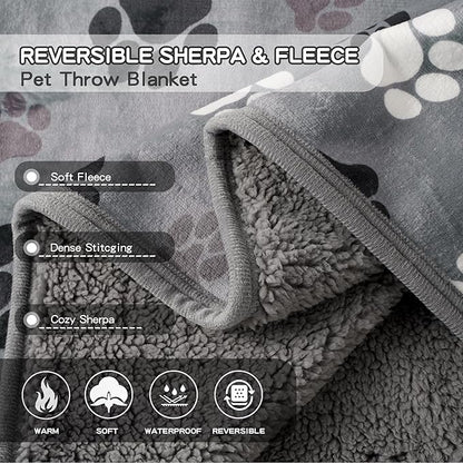 Waterproof Dog Blankets Pet Blanket, 30"x40" Cat Blanket for Indoor Cats, Soft Fluffy Sofa Car Bed Protector, Reversible Sherpa Fleece Puppy Blanket for Small Medium Dogs (Dark Grey-Paws)