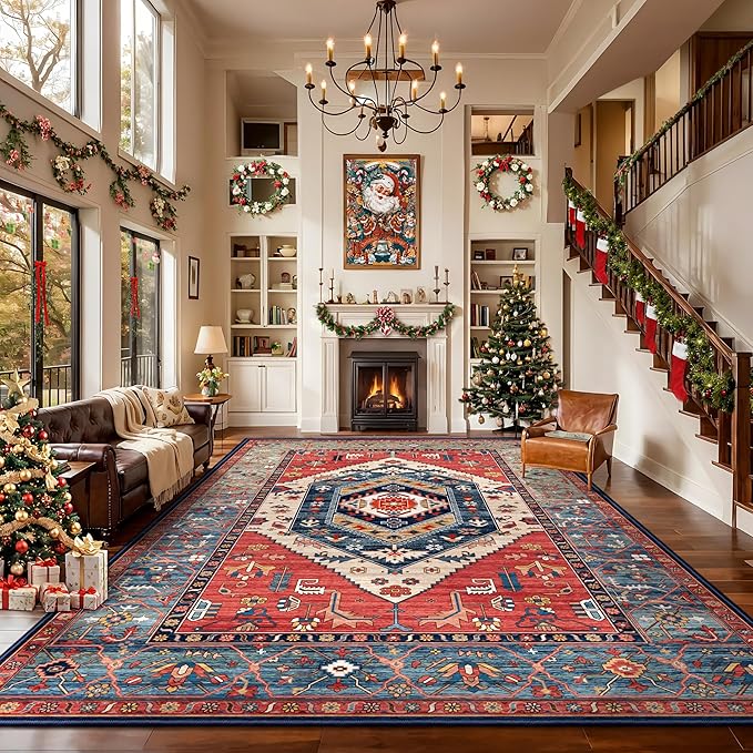 SERISSA Washable Rugs 9x12 Area Rugs, Large Non-Slip Boho Living Room Rust Rug, Ultra Soft Vintage Print Distressed Oriental Tribal Farmhouse Carpet for Dining Room Bedroom Dorm Office Home Decor