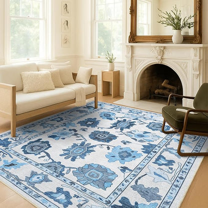 Fame Living Navy Blue Oushak Runner Rug, Modern Runners, Vintage, Turkish, Eclectic, Floral, Pastel, Washable, Runner for Hallway, Kitchen, Bedroom, Bathroom, 2'5"x9'8"
