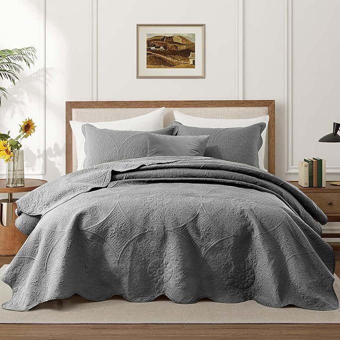 IR Imperial Rooms 8 Pack Quilt King Size Bedding (106" x 96") - Bulk Wholesale for Hotels, Guest Bedroom & Airbnbs - Lightweight Microfiber Reversible Floral Embossed Quilts Bedspreads (Grey)