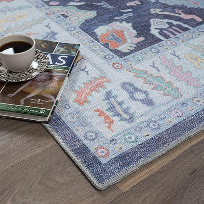 Fame Rugs Navy Blue Modern Oushak Rug 9x12, Vintage Turkish Colorful Oriental Washable Antique Inspired Oversize Area Rugs, Luxury Living Room Bedroom (386PBL, 9' x 12) (388NB, 9' x 12)