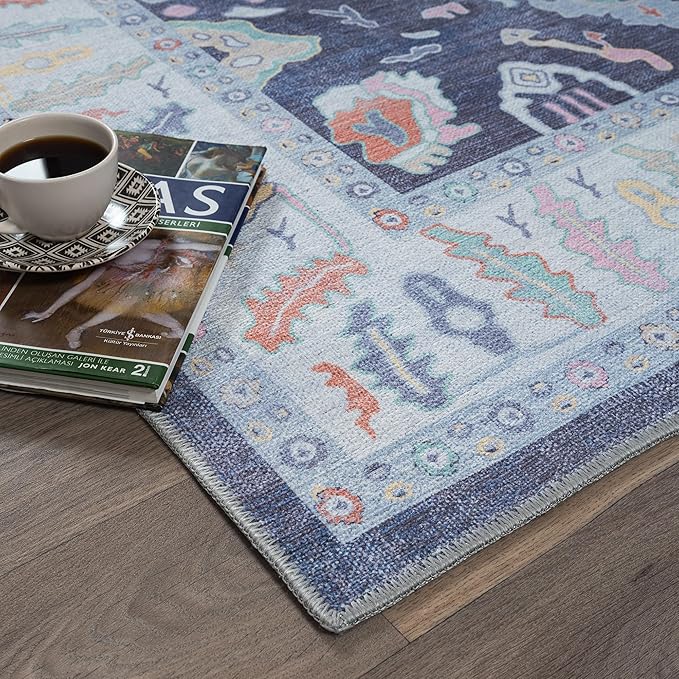 Fame Rugs Navy Blue Modern Oushak Rug 6x9, Vintage Turkish Colorful Oriental Antique Inspired Washable Large Area Rugs, Luxury Living Room Bedroom (388NB, 6' x 9')