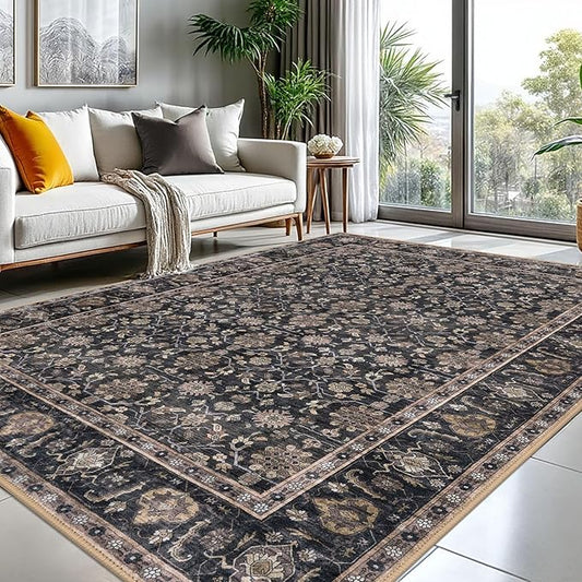 KUTA Vintage 8x10 Area Rugs for Living Room, Washable Large Rug for Bedroom 8ft x 10ft Non-Slip, Brown Ultra Thin Soft Printed Traditional Floral Distressed Dining Room Low-Pile Carpet
