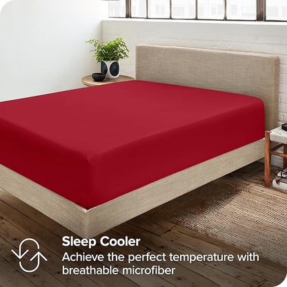 Bare Home 2-Pack Fitted Bottom Sheets Queen - Premium 1800 Ultra-Soft Wrinkle Resistant Microfiber - Deep Pocket (Queen, Red)