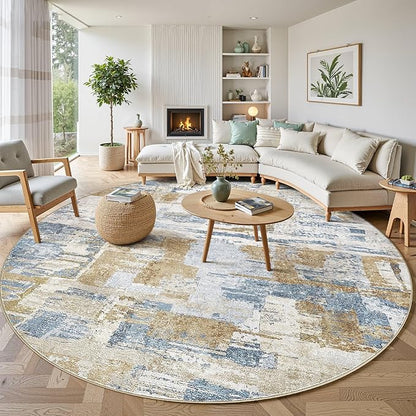 Abstract Living Room Rug 9x9 - Modern Washable Soft Thin Area Rug for Living Room Bedroom Under Dining Table - Neutral Indoor Floor Rug Carpets for Home Office Playroom Nursery - Blue Gold