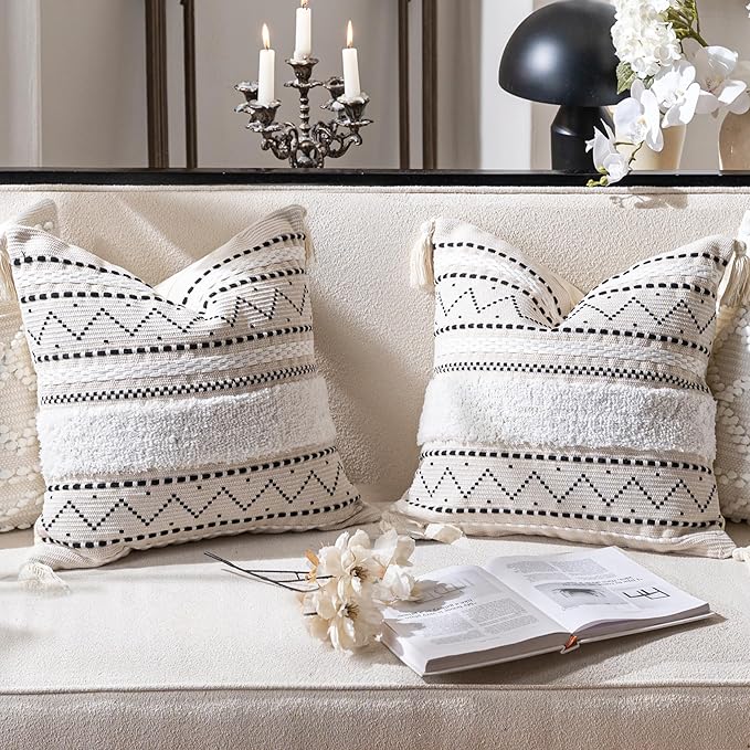 BlissBlush Decorative Throw Pillow Cover 20x20 Combo Set of 2 Square Boho Black Neutral Accent Pillowcase Tassels Farmhouse Cushion for Couch Sofa Bedroom Living Room Home Décor Cover ONLY