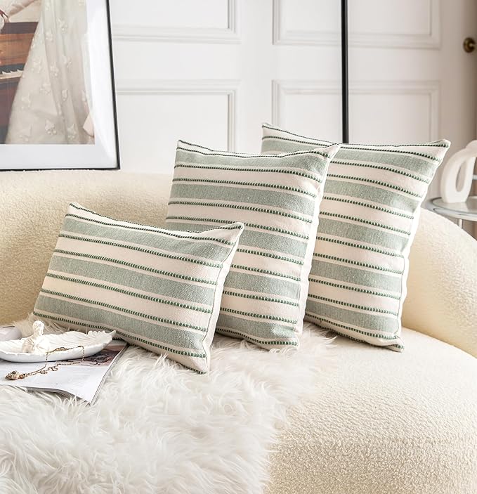 Decorative Boho Throw Pillow Covers, Farmhouse Textured Pillow Case, 18 x 18 Inch Set of 2, Chair Sofa Bedroom Living Room Home Decor Couch Cushion Case, Green and Beige Striped