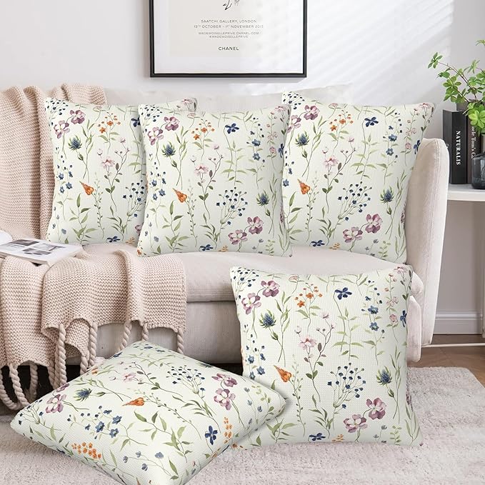Throw Pillow Covers Spring Summer Floral Pillow Covers 20x20 Inch Set of 2 Watercolor Flowers Throw Pillows Decorative Pillow Cases Cushion Covers for Bedroom Livingroom Sofa Farm House