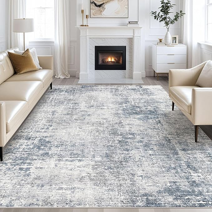 Abstract Living Room Rug 8x10 - Modern Washable Soft Thin Area Rug for Living Room Bedroom Under Dining Table - Neutral Indoor Floor Rug Carpets for Home Office Playroom Nursery - Blue Grey