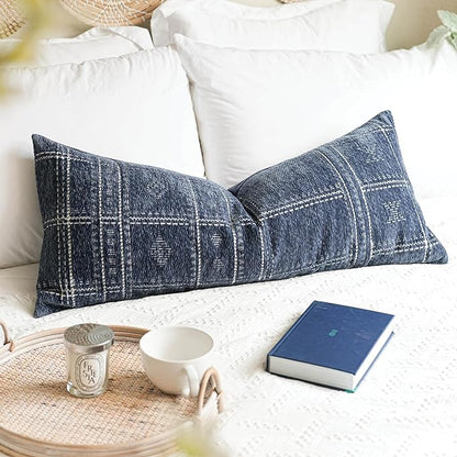 BlissBlush Dark Blue Boho Lumbar Throw Pillow Cover 14X36, Decorative Long Accent Body Pillow for Bed, Farmhouse Woven Textured Pillowcase for Couch (Cover ONLY)