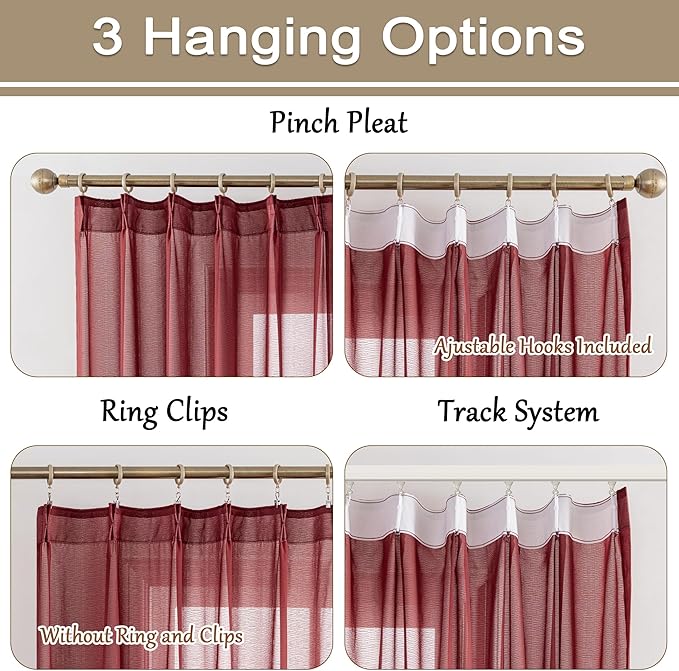 MAIHER 63 Inch Length Pinch Pleat Curtains for Bedroom Light Filtering Burgundy Sheer Curtain Panels Soft Touch Pleated Drapes with Adjustable Hooks (No Rings), Burgundy, 42" W x 63" L, 2 Panels