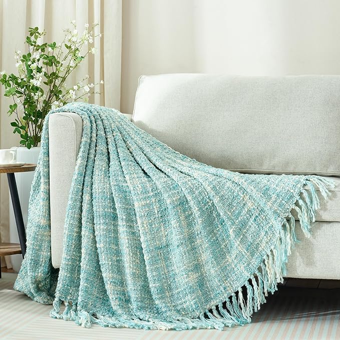 Multi-Color Turquoise Cable Knitted Throw Blanket for Couch,60"X80" Boho Style Textured Blankets for Home Decor,Super Soft Warm Cozy Chunky Knit Blanket with Decorative Tassels for Bed