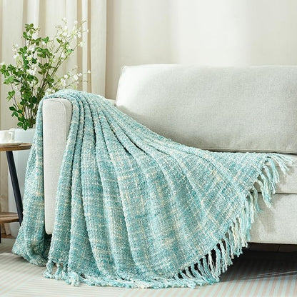 Multi-Color Turquoise Cable Knitted Throw Blanket for Couch,60"X80" Boho Style Textured Blankets for Home Decor,Super Soft Warm Cozy Chunky Knit Blanket with Decorative Tassels for Bed