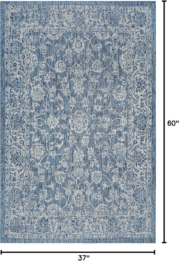 JONATHAN Y Weave Floral Indoor Outdoor Area Rug 3X5 Navy/Gray, Tela Bohemian Textured for Backyard, Patio, Porch, Easy-Cleaning, High Traffic, Pet-Friendly, Non-Shedding (SMB100B-3)
