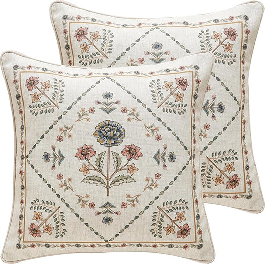 ISAENNE Design Square Floral Linen Throw Pillow Covers 18"x18" Pack of 2, Yellow Pink Flower Pattern Cushion Covers Decor Pillowcases for Bed,Living Room,Outdoor,Car