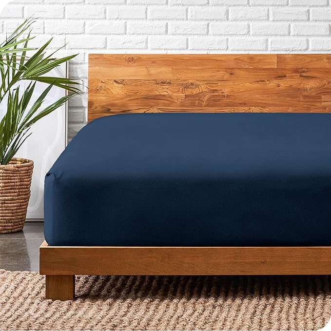 Bare Home Flannel Fitted Bottom Sheet 100% Cotton, Velvety Soft Heavyweight - Double Brushed Flannel - Deep Pocket (Full, Dark Blue)