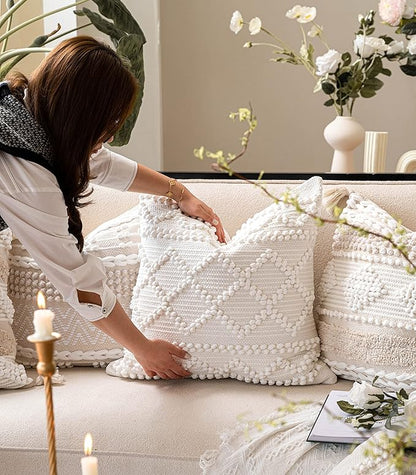 BlissBlush Pure White Decorative Throw Pillow Cover 22X22, Boho Accent Pillow for Couch, Square Modern Farmhouse Pillowcase for Living Room Couch Sofa Cushion Home Décor (Pack of 1)