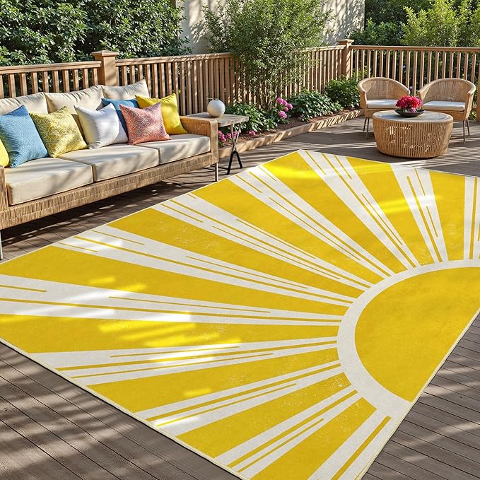 Outdoor Indoor Area Rug Boho Sun Washable Outdoor 8x10 Patio Rugs Medieval Aesthetic Vintage Abstract Art Non-Slip Carpet for Living Room, Patio, Porch, Pool Deck (8x10)