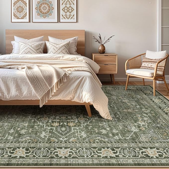 8x10 Area Rugs Living Room: Washable Boho Large Neutral Vintage Soft Rug Stain Resistant Farmhouse Non-Slip Indoor Floor Carpet for Bedroom Nursery Kids Playroom Office Dining Room Home- Dark Green