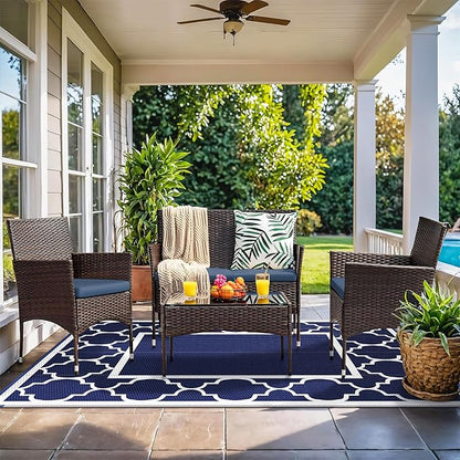 GENIMO 4' x 6' Outdoor Rug Waterproof for Patio Decor, Foldable Reversible Plastic Straw Area Rugs Mat for Camper, Outside Carpet for Rv, Deck, Porch, Picnic, Beach, Balcony, Blue & White