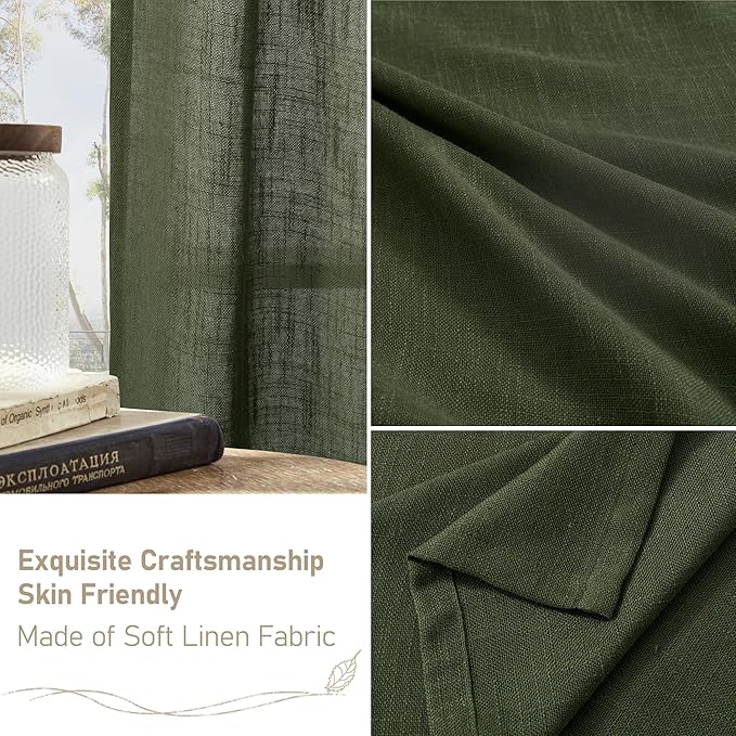 LAMIT Light Filtering Linen Curtains 80 inch for Living Room, Linen Textured Semi Sheer Back Tab and Rod Pocket Boho Modern Christmas Decor Drapes for Bedroom, Olive Green, 2 Panels, 52 x 80 Inch