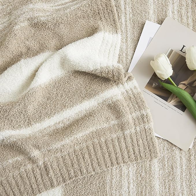 WRENGONGE Khaki Throw Blanket, 60x80 Soft Cozy Striped Throw Blankets for Couch, Sofa, Bed, Travel, Lightweight Fluffy Warm Plush Decorative Blankets for Women, Men,Kids Gift