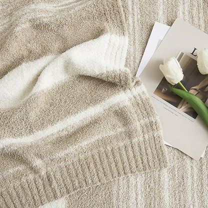 WRENGONGE Khaki Throw Blanket, 60x80 Soft Cozy Striped Throw Blankets for Couch, Sofa, Bed, Travel, Lightweight Fluffy Warm Plush Decorative Blankets for Women, Men,Kids Gift