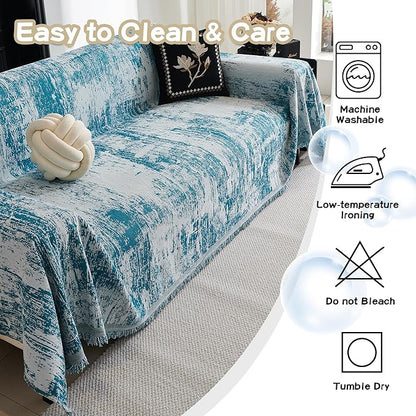 MEETSKY Couch Cover Boho Sofa Covers Couch Covers for 3 Cushion Couch Sofa Pet Friendly, Washable Abstract Geometric Sofa Slipcover for Sectional Sofa Cover with Tassel, 91" x 134", Blue
