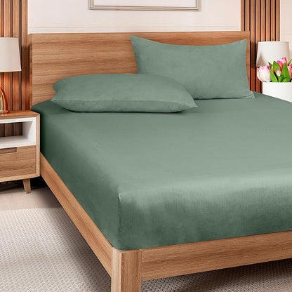 ROYALE LINENS 300 Thread Count 100% Long Staple Combed Cotton Fitted Sheet Queen - Super Soft Deep Pocket Bottom Sheet - Fitted Sheets Only - Elastic Sheets (Queen, Sage Green)